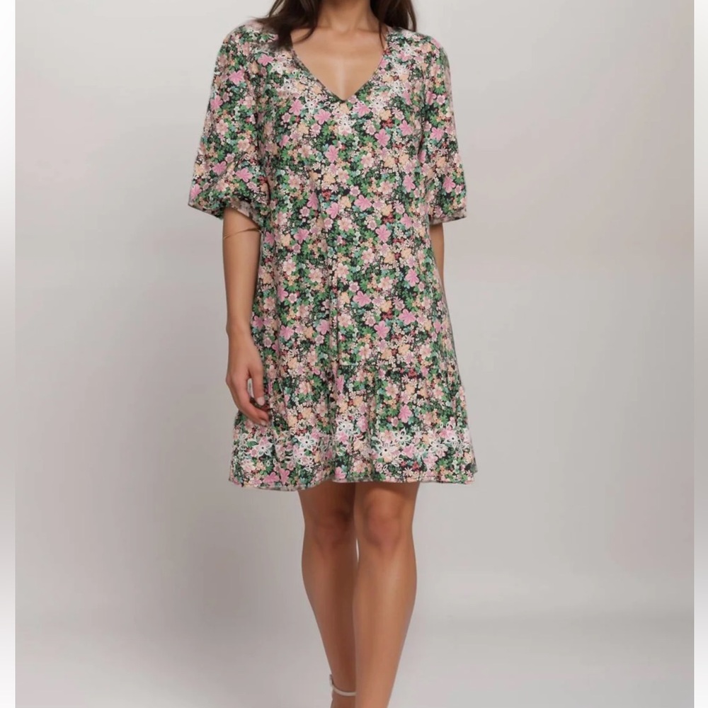 JOHNNY‎ WAS Jade Rebekah Poplin Mini Dress In Multi Floral Embroidered Size M